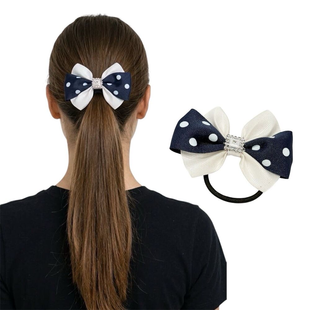 Handmade Navy Blue White Polka Dot Bow Ponytail Holder Elastic Hair Tie
